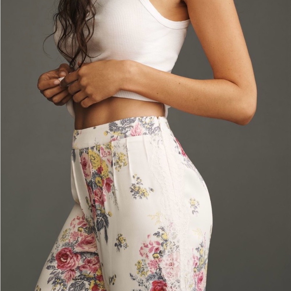 Anthropologie Floral Wide-Leg Pants - Cream and Pink - Picture 3 of 7